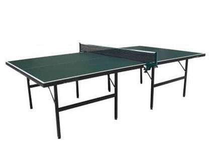 Pełny rozmiar Kryty zielony stół do ping-ponga Pojedynczy składany z niebieską górną stalową nogą